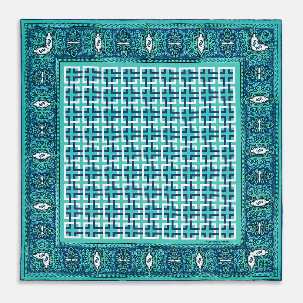 スクエア＆ペイズリー シルクポケットチーフ/ターコイズブルー